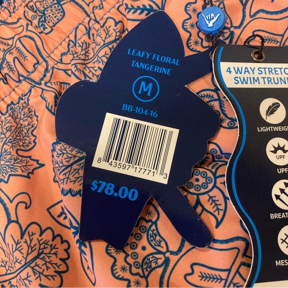 Men’s M Swim Trunks Beach Bros NWT 4 Way Stretch Leafy Floral Tangerine - Picture 5 of 14